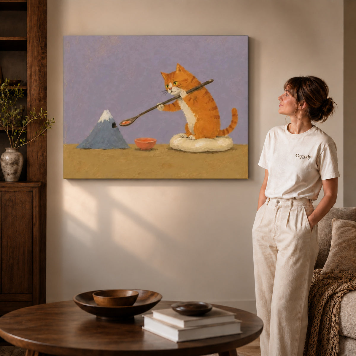Painter cat canvas art shown in the gallery-wrapped option with natural side shading and warm surroundings.