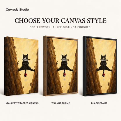 Acrobatic cat canvas art compared across gallery-wrapped canvas, walnut frame, and black frame finishes.