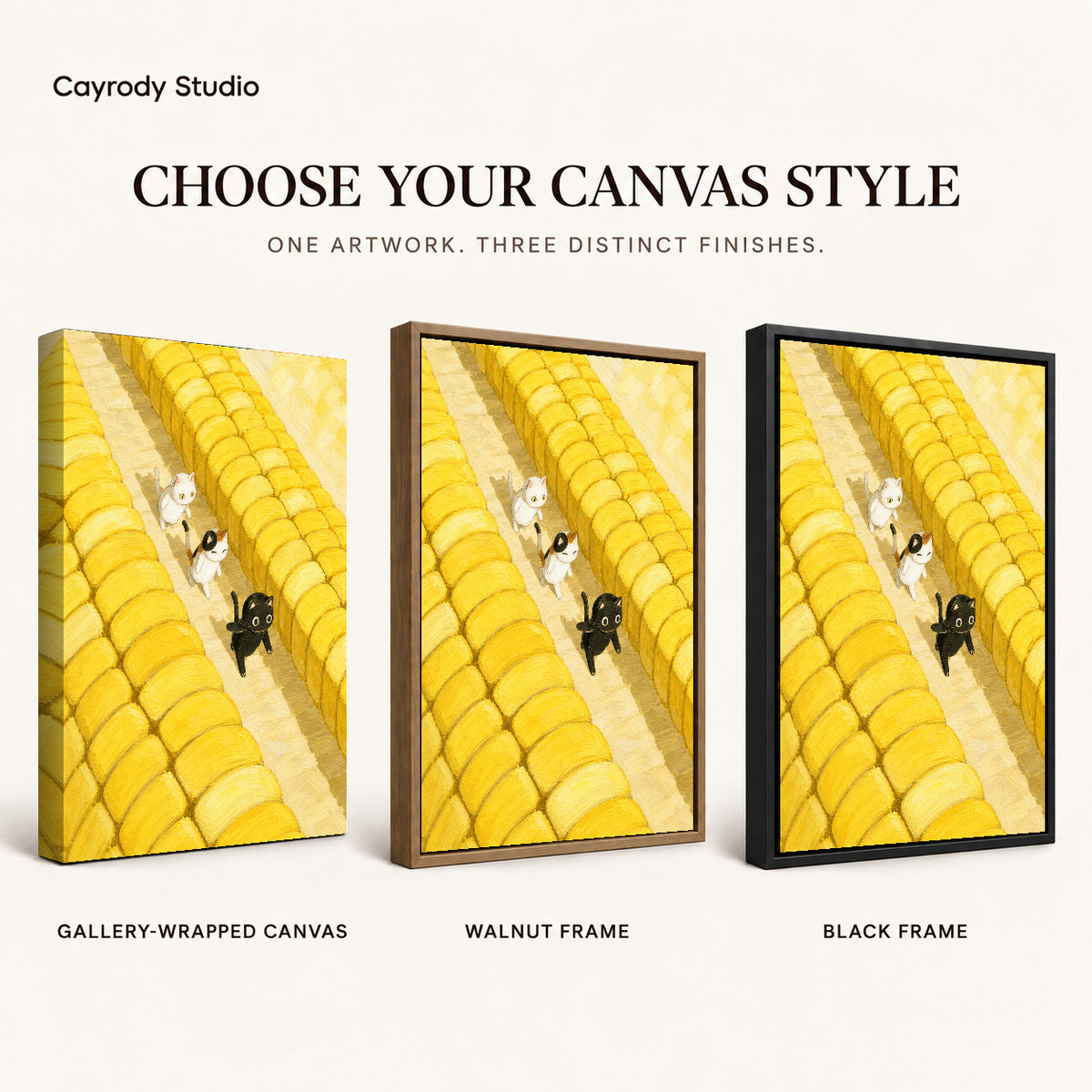 Farm cats canvas art compared across gallery-wrapped canvas, walnut frame, and black frame finishes.