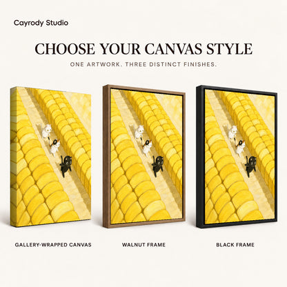 Farm cats canvas art compared across gallery-wrapped canvas, walnut frame, and black frame finishes.