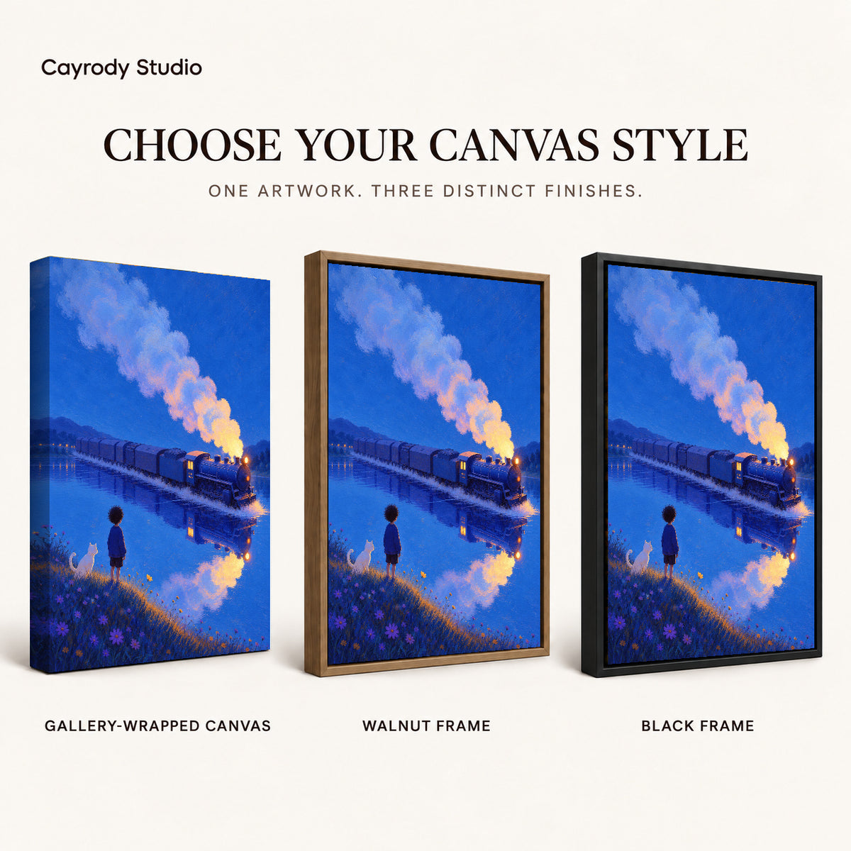 Train lake canvas art compared across gallery-wrapped canvas, walnut frame, and black frame finishes.
