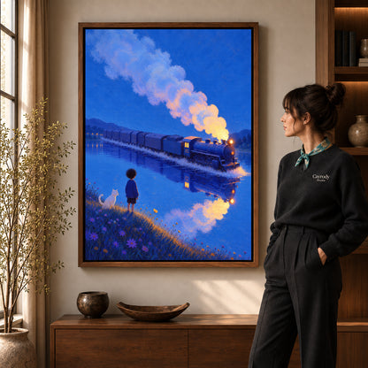 Train lake canvas art shown in the walnut frame option against a softly lit living room wall.