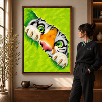 Peeking tiger canvas art in a walnut frame beside a standing woman and wooden console.