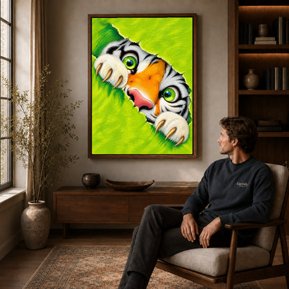 Peeking tiger canvas art in a walnut frame above a console beside a seated man.