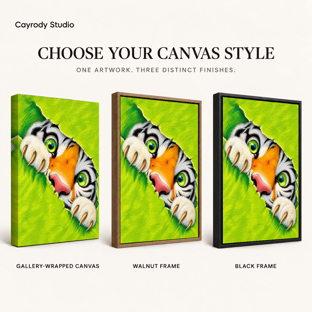 Peeking tiger canvas art compared across gallery-wrapped canvas, walnut frame, and black frame finishes.