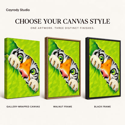 Peeking tiger canvas art compared across gallery-wrapped canvas, walnut frame, and black frame finishes.