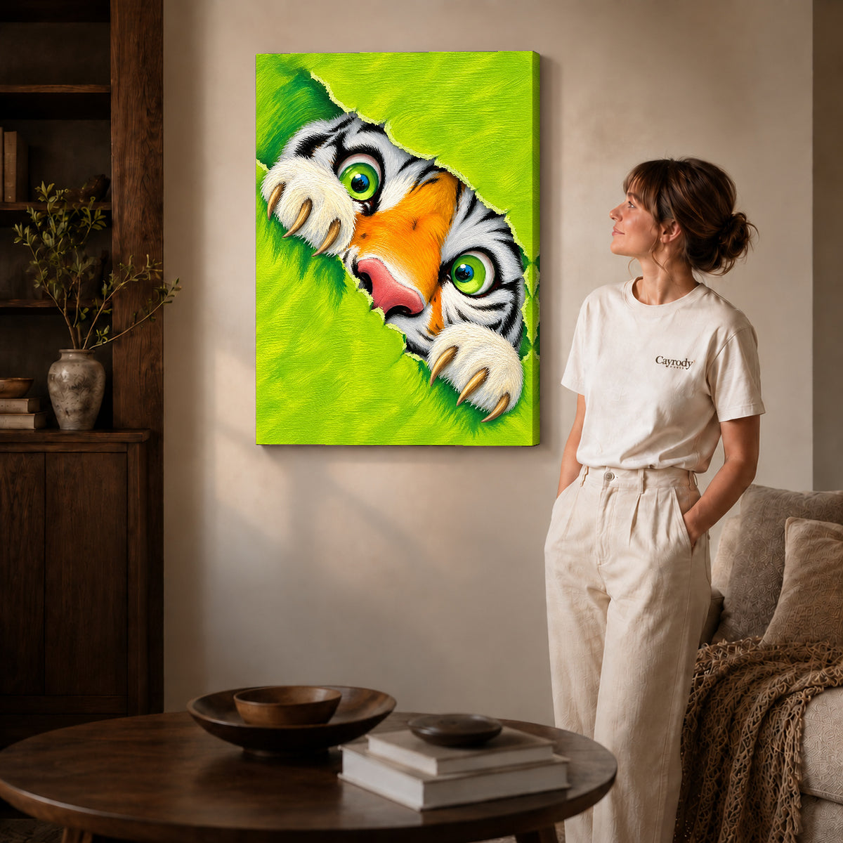 Peeking tiger canvas art shown in the gallery-wrapped option with visible depth and warm surroundings.