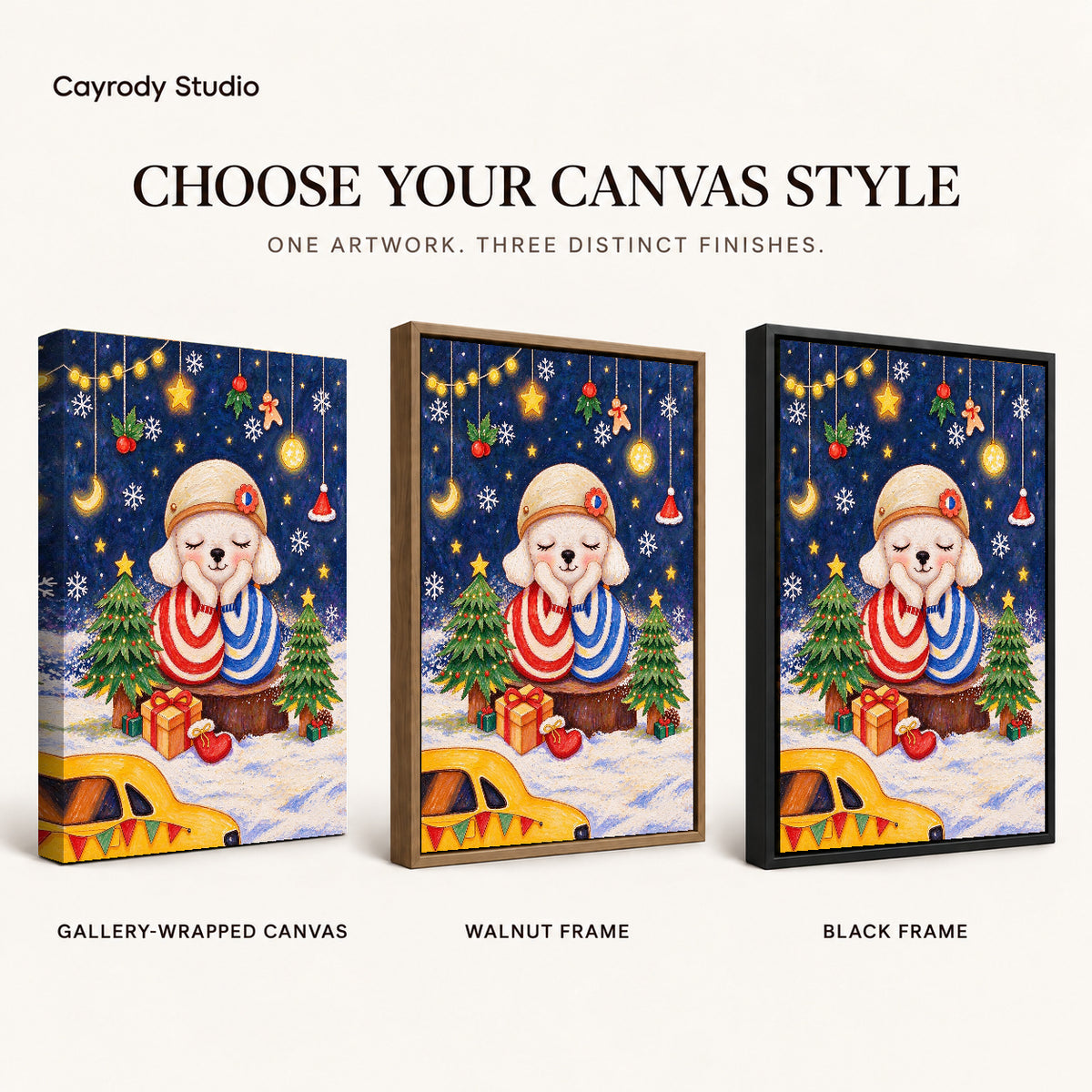 Christmas puppy canvas art compared across gallery-wrapped canvas, walnut frame, and black frame finishes.