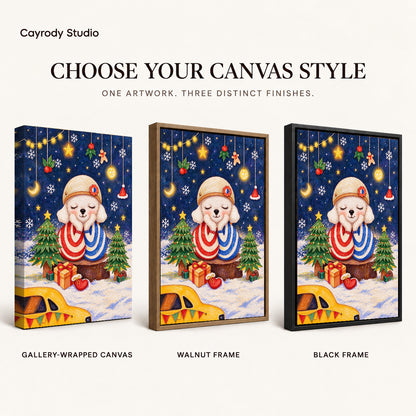 Christmas puppy canvas art compared across gallery-wrapped canvas, walnut frame, and black frame finishes.