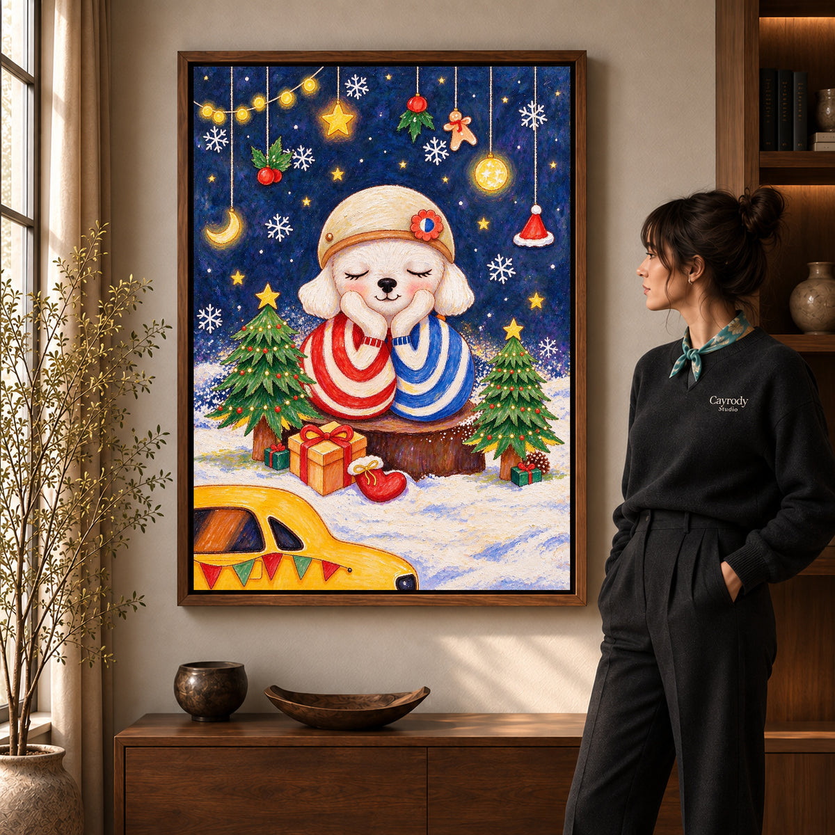 Christmas puppy canvas art shown in the walnut frame option within a warm living room.