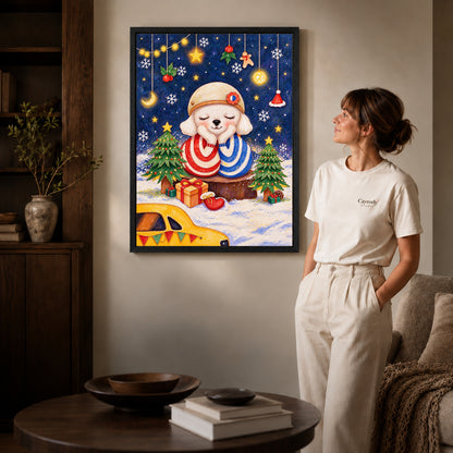 Christmas puppy canvas art shown in the black frame option against a softly lit wall.
