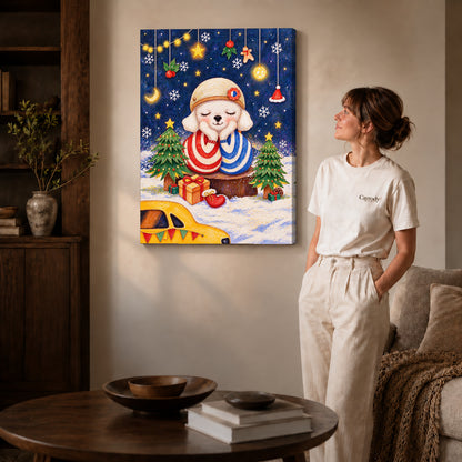 Christmas puppy canvas art shown in the gallery-wrapped option with visible depth and warm surroundings.