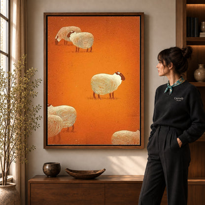 Sheep pattern canvas art in a walnut frame beside a standing woman and wooden console.