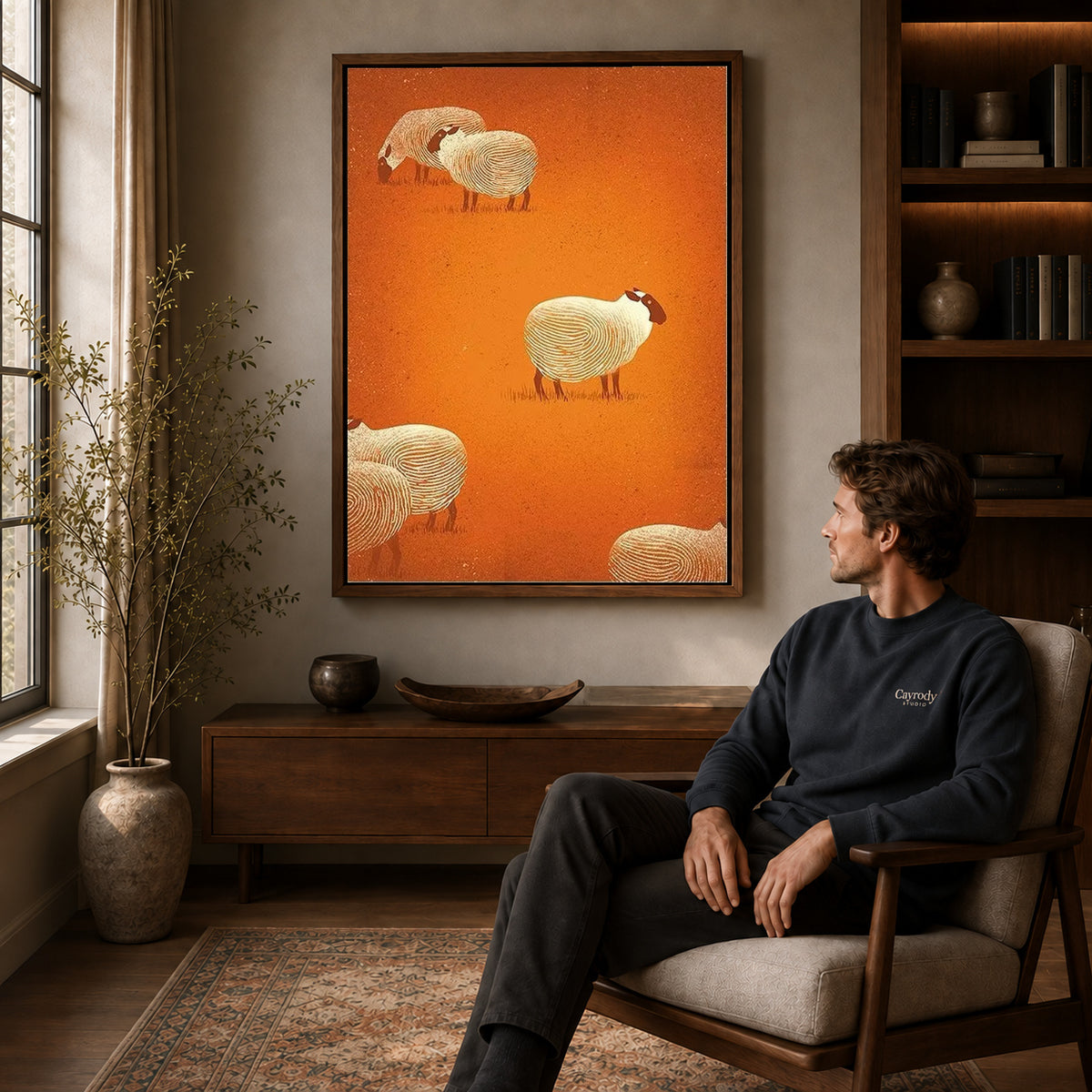 Sheep pattern canvas art in a walnut frame above a console beside a seated man.