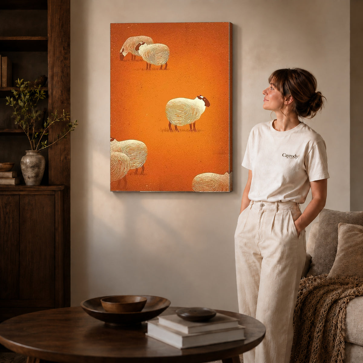 Sheep pattern canvas art on gallery-wrapped canvas with natural edge shading beside a standing woman.