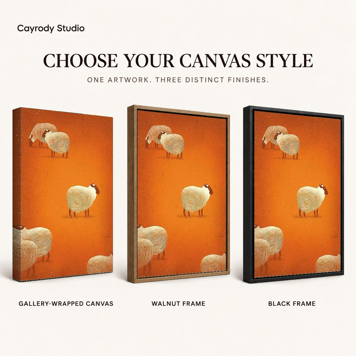 Sheep pattern canvas art compared across gallery-wrapped canvas, walnut frame, and black frame finishes.