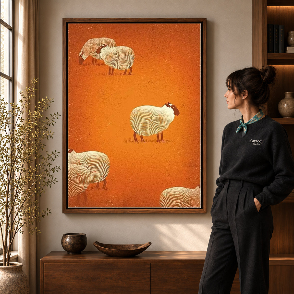 Sheep pattern canvas art shown in the walnut frame option within a warm living room.