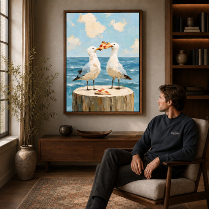 Seagull pizza canvas art in a walnut frame above a console beside a seated man.