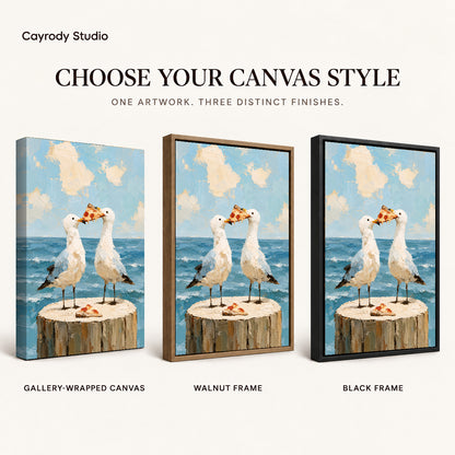 Seagull pizza canvas art compared across gallery-wrapped canvas, walnut frame, and black frame finishes.