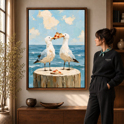 Seagull pizza canvas art shown in the walnut frame option within a warm living room.