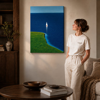 Coastal sailboat canvas art on gallery-wrapped canvas with natural edge shading beside a standing woman.