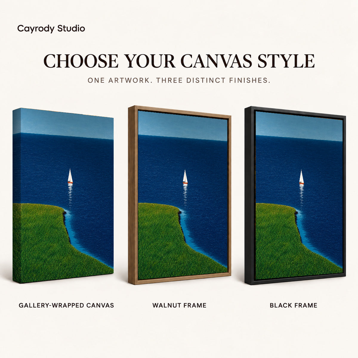 Coastal sailboat canvas art compared across gallery-wrapped canvas, walnut frame, and black frame finishes.