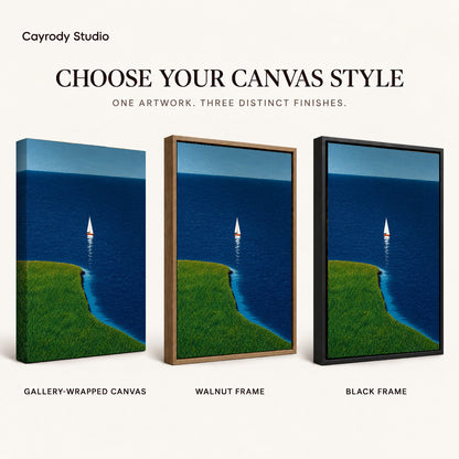 Coastal sailboat canvas art compared across gallery-wrapped canvas, walnut frame, and black frame finishes.