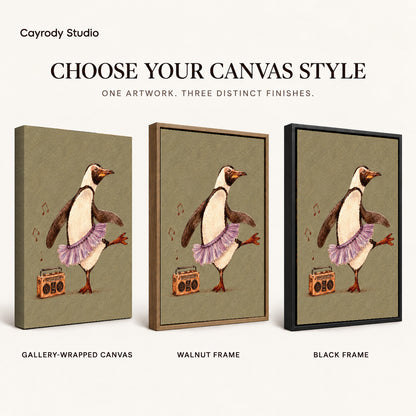 Dancing penguin canvas art compared across gallery-wrapped canvas, walnut frame, and black frame finishes.