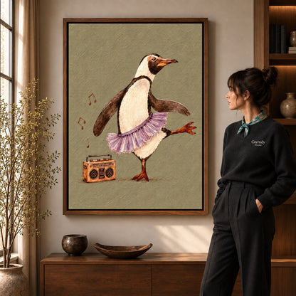 Dancing penguin canvas art shown in the walnut frame option within a warm living room.