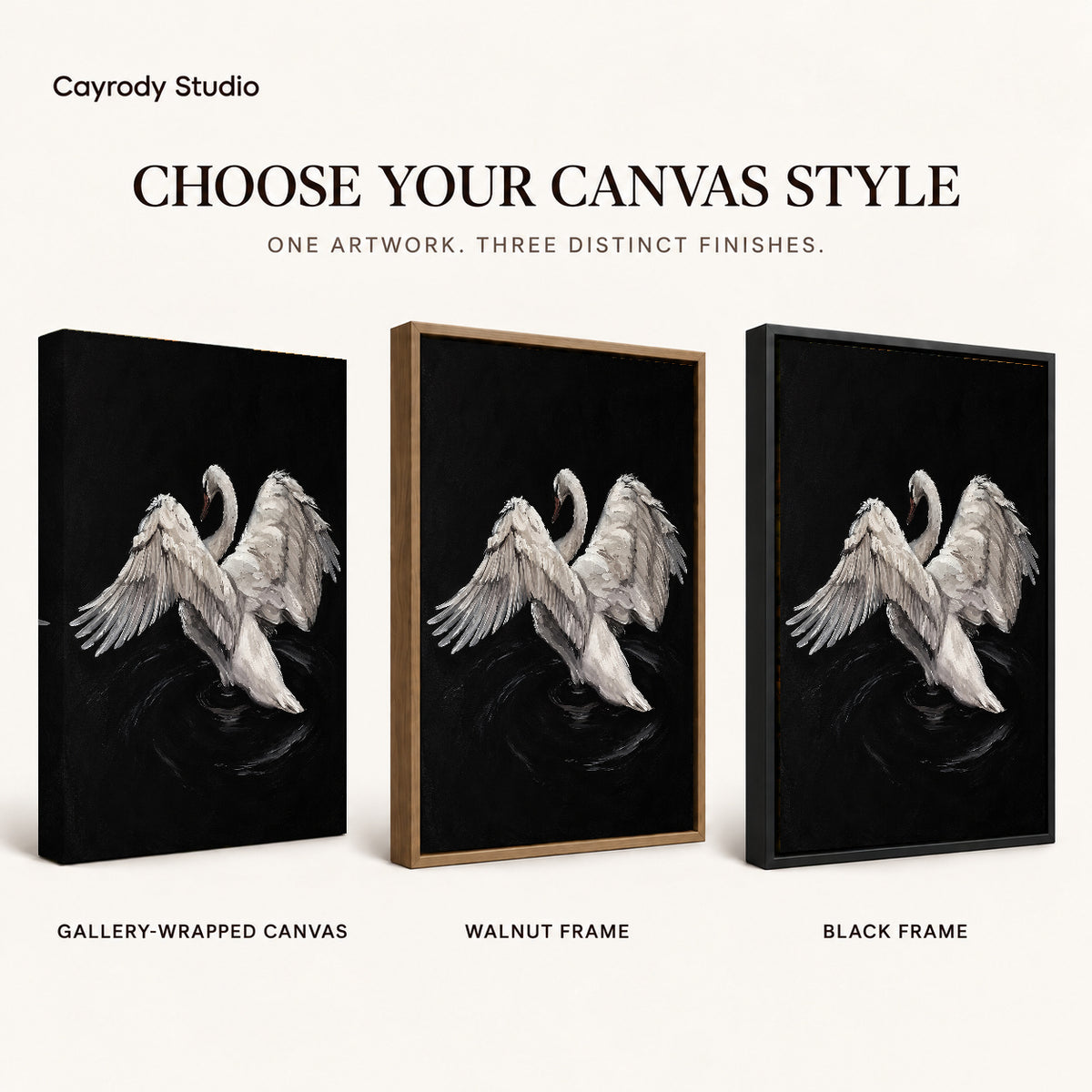 White swan canvas art compared across gallery-wrapped canvas, walnut frame, and black frame finishes.