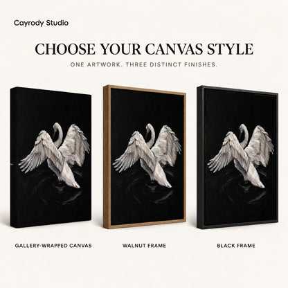 White swan canvas art compared across gallery-wrapped canvas, walnut frame, and black frame finishes.