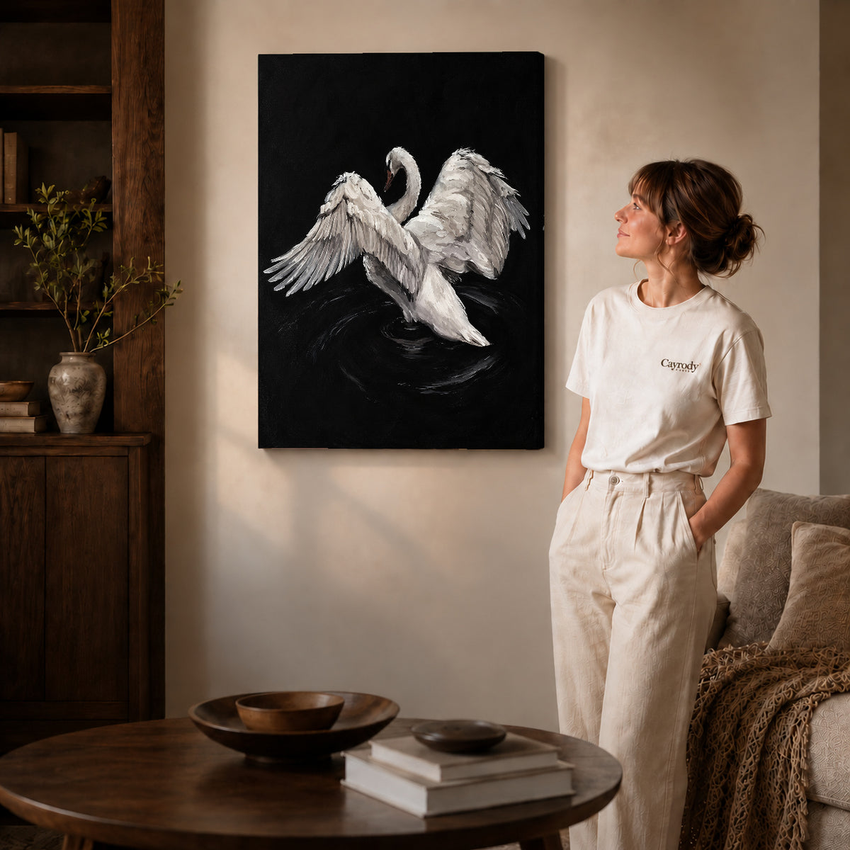 White swan canvas art shown in the gallery-wrapped option with visible depth and warm surroundings.