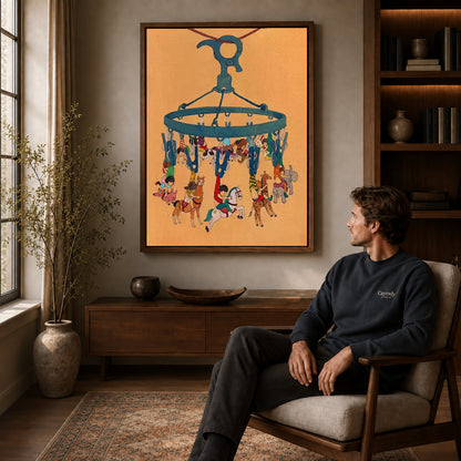 Hanging carousel canvas art in a walnut frame above a console beside a seated man.