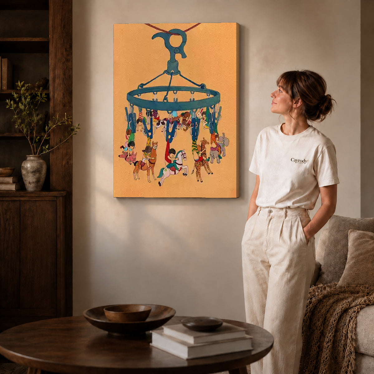 Hanging carousel canvas art on gallery-wrapped canvas with natural edge shading beside a standing woman.
