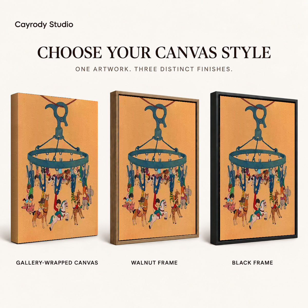 Hanging carousel canvas art compared across gallery-wrapped canvas, walnut frame, and black frame finishes.