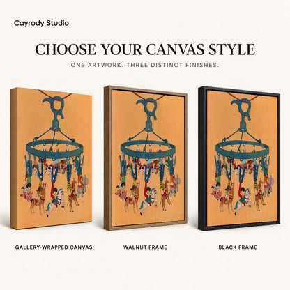 Hanging carousel canvas art compared across gallery-wrapped canvas, walnut frame, and black frame finishes.