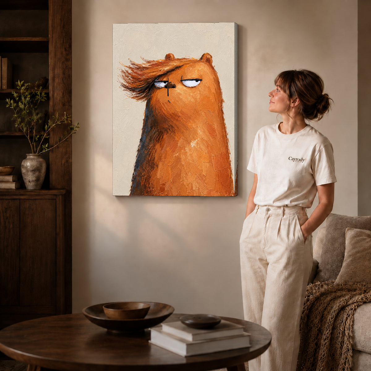 Grumpy bear canvas art on gallery-wrapped canvas with natural edge shading beside a standing woman.