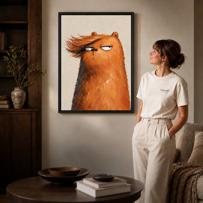 Grumpy bear canvas art in a black frame beside a woman and round wooden table.