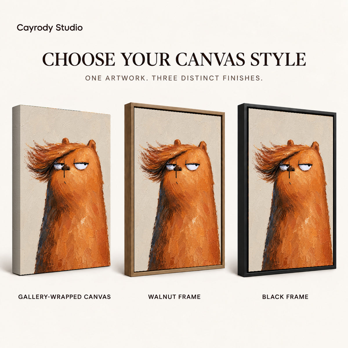 Grumpy bear canvas art compared across gallery-wrapped canvas, walnut frame, and black frame finishes.