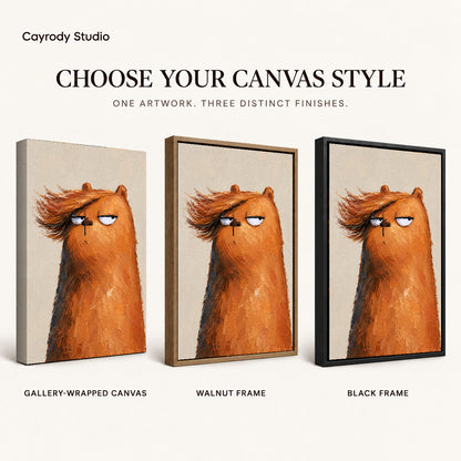 Grumpy bear canvas art compared across gallery-wrapped canvas, walnut frame, and black frame finishes.