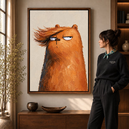 Grumpy bear canvas art shown in the walnut frame option within a warm living room.
