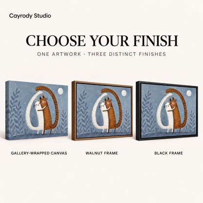 Hugging cats canvas art compared across gallery-wrapped canvas, walnut frame, and black frame finishes.