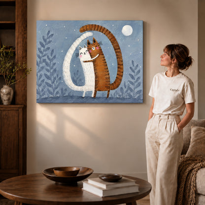 Hugging cats canvas art shown in the gallery-wrapped option with natural edge shading and living room surroundings.