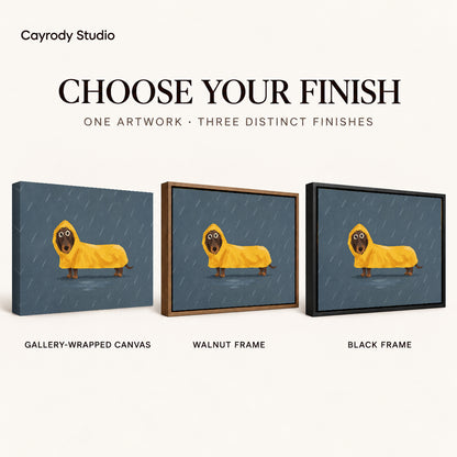 Dachshund raincoat canvas art compared across gallery-wrapped canvas, walnut frame, and black frame finishes.