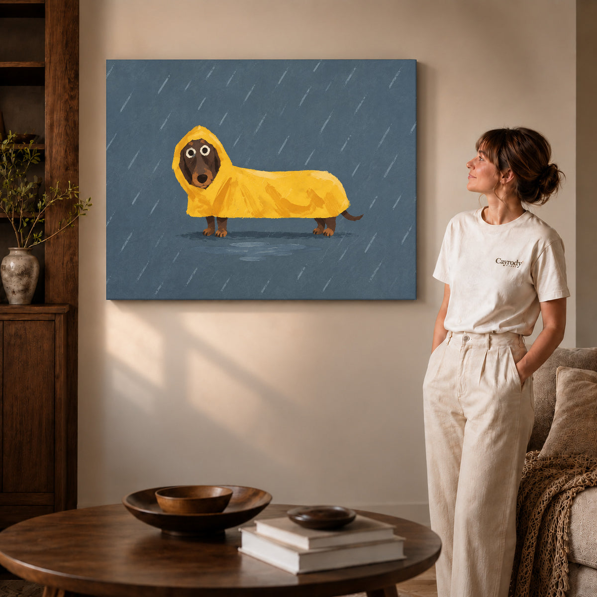 Dachshund raincoat canvas art shown in the gallery-wrapped option with visible depth and warm surroundings.