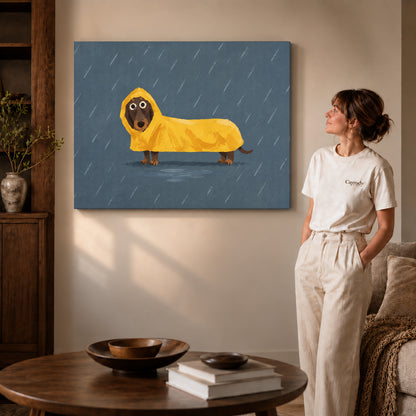 Dachshund raincoat canvas art shown in the gallery-wrapped option with visible depth and warm surroundings.