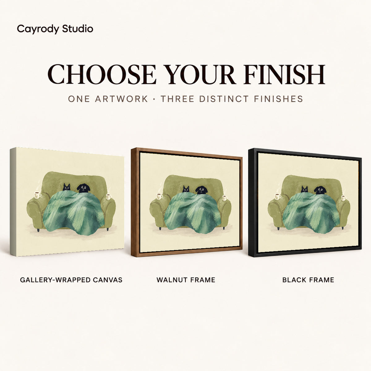 Cozy pets canvas art compared across gallery-wrapped canvas, walnut frame, and black frame finishes.