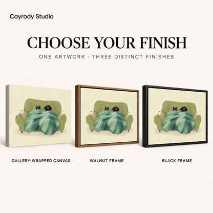 Cozy pets canvas art compared across gallery-wrapped canvas, walnut frame, and black frame finishes.
