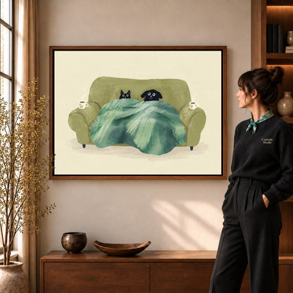 Cozy pets canvas art shown in the walnut frame option within a warm living room.