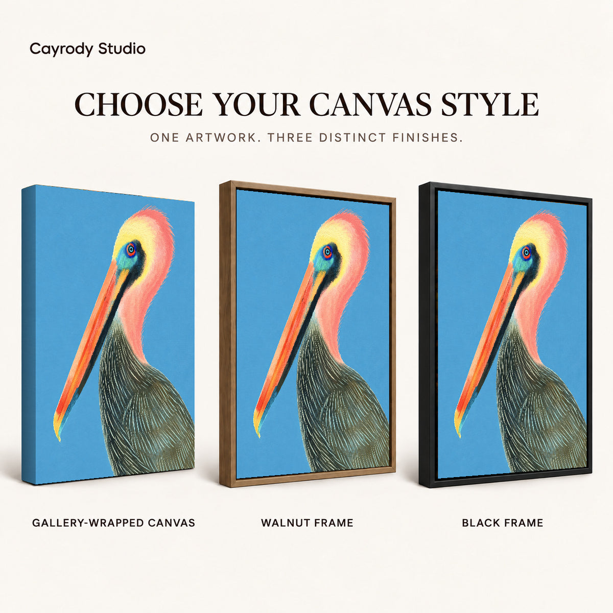 Colorful pelican canvas art compared across gallery-wrapped canvas, walnut frame, and black frame finishes.